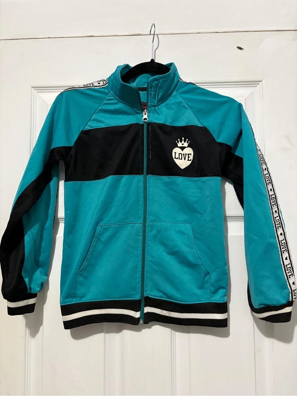 Kids' Teal & Black Zip-Front Track Jacket with Love Logo